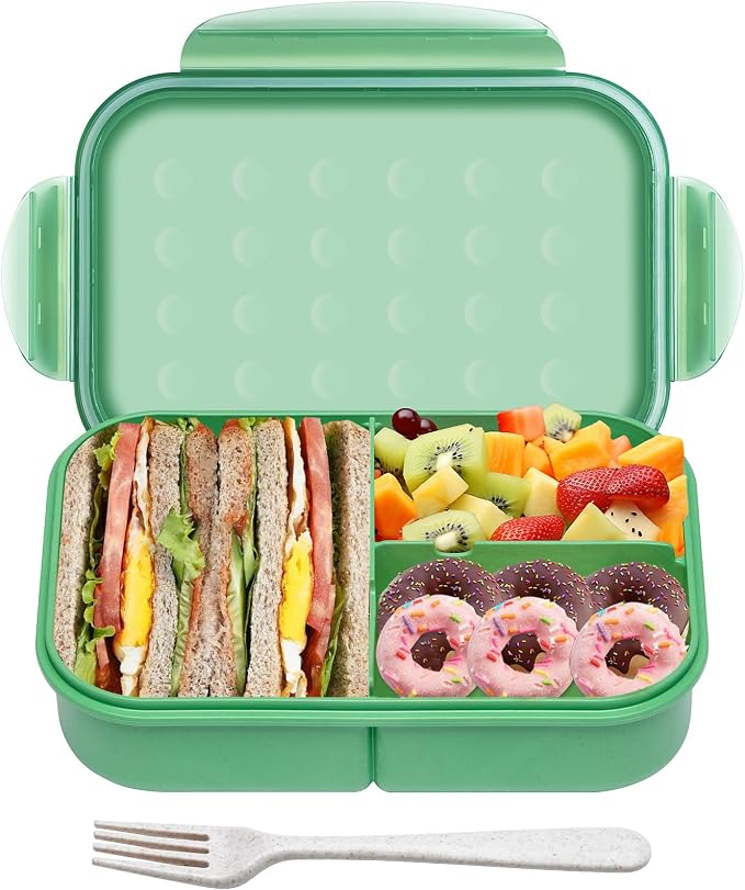 Itopor Bento Box for Kids & Adults, Lunch Box 46 oz / 1400ml, Sage Green | Wheat straw material, BPA-free, leakproof, 3 compartments, microwave & dishwasher safe, for school, office & travel