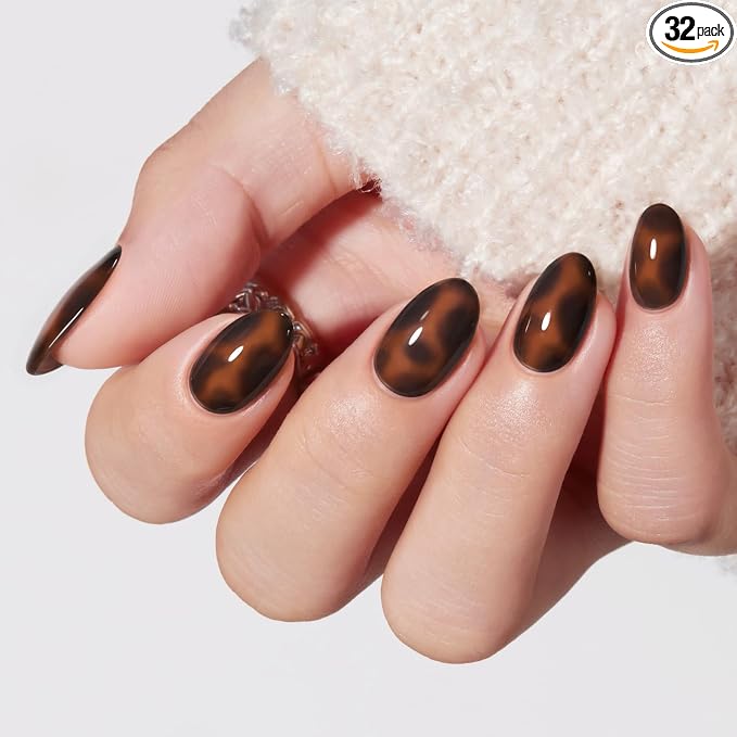 modelones Leopard Print Short Press on Nails, Oval Fake Nails Kit | Press Ons with Nail Glue, Adhesive Tabs, Nail File, Prep Pad, Manicure Stick, 32Pcs 16 Sizes, Fall Women Girl Gift