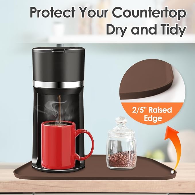 Silicone Coffee Maker Mat with Lip for Countertops, 17.4'' x 10.6'', Brown | Multi leak-proof coffee tray for countertop, non-slip silicone mat fits most coffee makers & espresso machines, wipe-clean