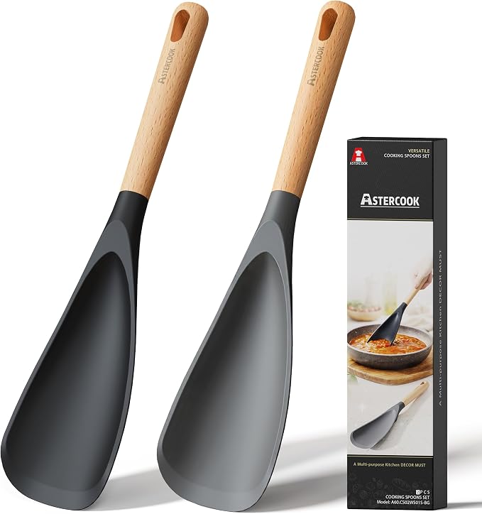 Astercook Cooking Spoon, 2 Pack, Nonstick Safe Silicone Spatula | Long Wooden Handles, Heat Resistant, BPA-Free, Built-in Spoon Rest, Spatula Spoon For Stirring, Scooping, Scraping & Serving