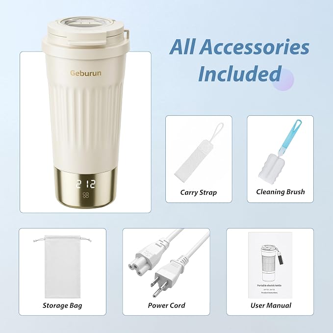 Travel Electric Kettle Portable Water Boiler, 400ml Small Tea Maker with 6 Temp Settings LCD Display, 316 Stainless Steel Vacuum Insulated Tumbler, 100V-240V, Travel Gifts for Men Women(White)