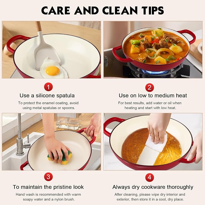 Overmont Enameled Cast Iron Dutch Oven - 3.8 QT Shallow Braiser with Recipe | Enameled Casserole with Lid Potholders, Oven Safe up to 500°F, Cast Iron Cookware for Grilling Searing Roasting Braising Bake