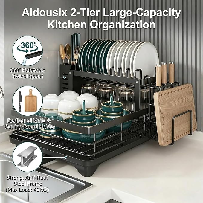 2-Tier Dish Drying Rack for Kitchen Counter, Large Capacity Dish Drainer with Swivel Spout, Rust-Proof Carbon Steel Utensil Holder and Cutting Board Rack, Easy No-Tool Assembly