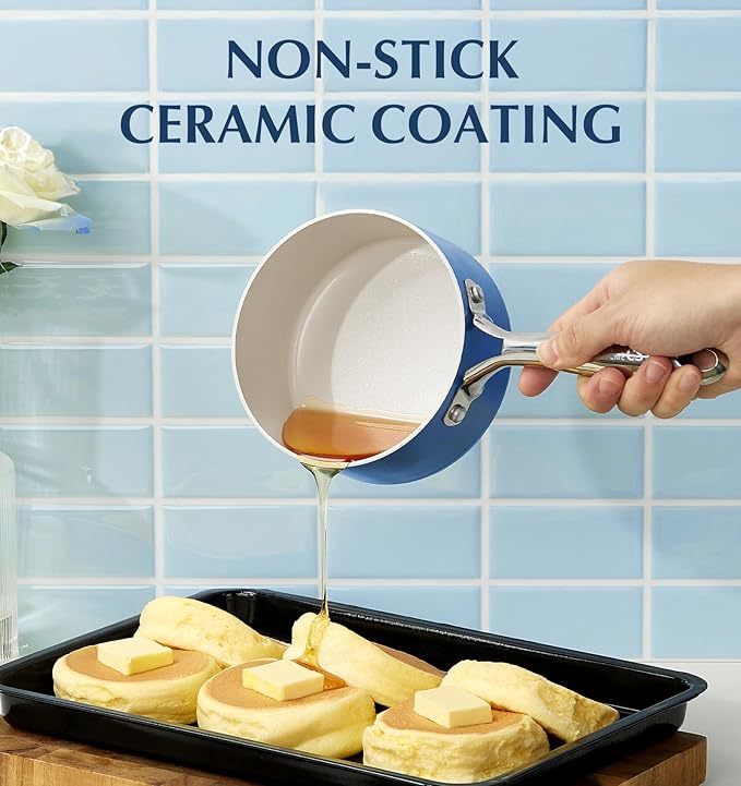 KOCH SYSTEME CS Nonstick Sauce Pan with Lid 1QT, 2QT & 3QT, Non-Toxic Ceramic Saucepan Set, Blue Sauce Pan Set, Multipurpose Cooking Pots Set, Compatible induction