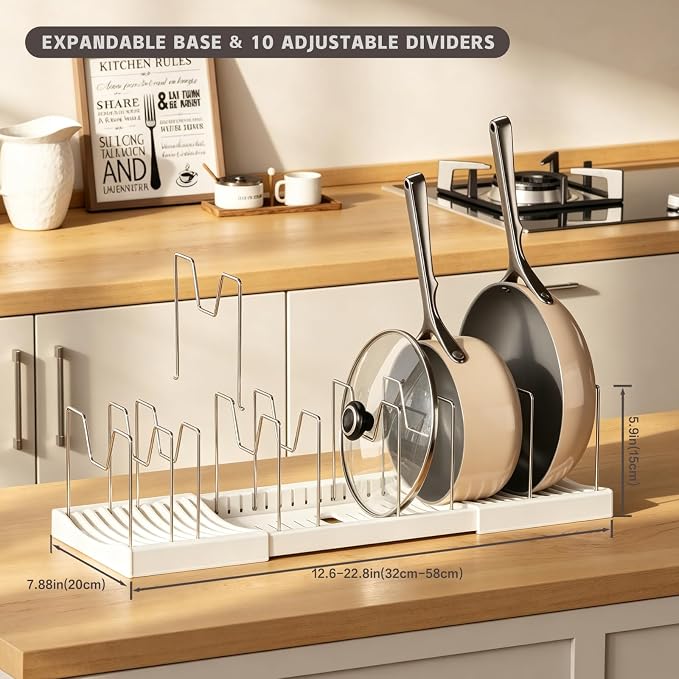 Magheo Pots and Pans Organizer Under Cabinet, Expandable 12.6"-22.8" Kitchen Cabinet Organizer Holder with 10 Adjustable Dividers for Food Storage Container Lid, Cookie Sheet, Cookware(1 Pack, White)