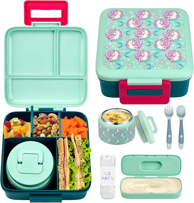 JXXM Bento Lunch Box for Kids with 8oz Soup Thermo,Leak-Proof Lunch Containers with 5 Compartment,Thermo Food Jar Food Containers for School (Blue-Unicorn)
