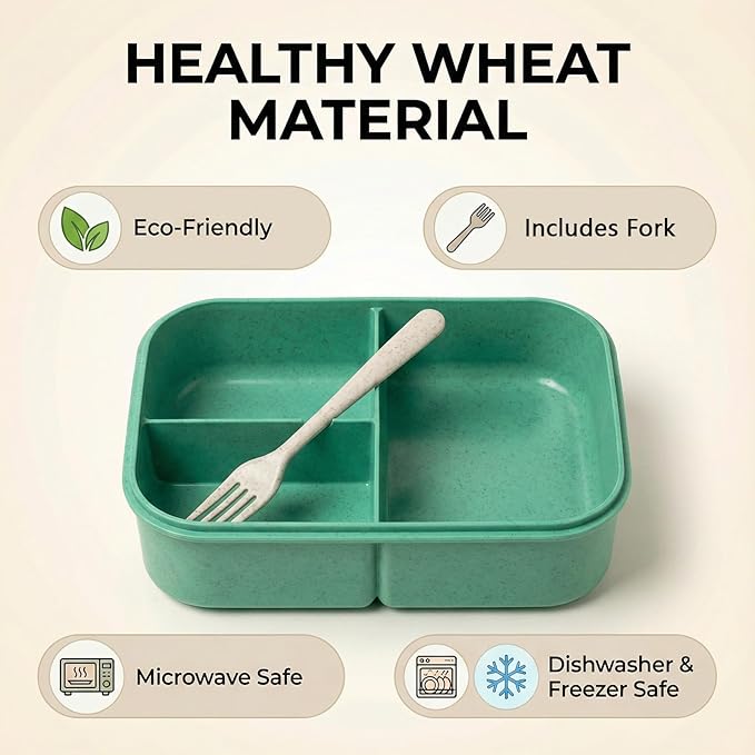 MISS BIG® Large Bento Lunch Box for Adults, 1900ml, 3 Compartments, Green | Green 1900ml large lunch box for adults, office meals, meal prep, work lunch, picnic, and travel.