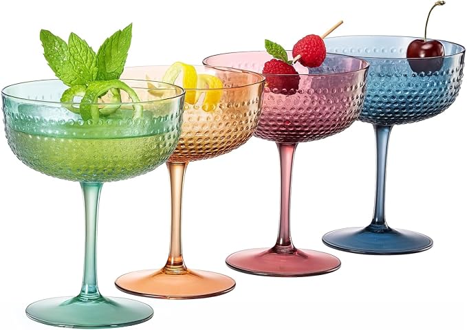Khen Muted Hobnail Coupes Vintage Textured Pastel Style Cocktail Martini Champagne Saucer Retro Colored Glass Goblets Set of 4 10.15oz Durable Glassware Decorative Barware Classic Party Drink