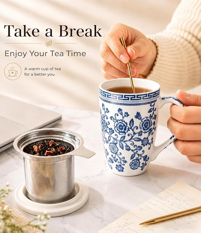 AmorArc Tea Cup With Infuser and Lid, 18oz Loose Leaf Tea Mug With Steeper | Porcelain Tea Mug With Infuser and Lid, Strainer Tea Cup for Tea Lovers, Home & Office, Housewarming Birthday Gift