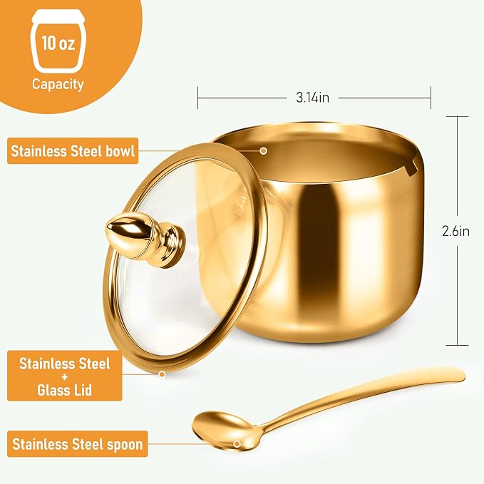 holoith Sugar Container with Glass Lid and Spoon, Gold, 10oz