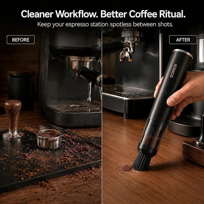 Mini Coffee Grinder Vacuum Cleaner for Espresso Machines & Barista Stations | Coffee vacuum, grounds cleanup, 4 heads, soft bristle brush, angled nozzle, blower tip, removable tray, USB-C rechargeable