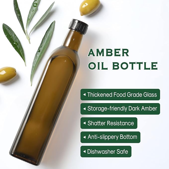 AOZITA 17oz Glass Olive Oil Dispenser - Oil and Vinegar Cruet Bottle with Stainless Steel Pourers - Funnel For Easy Refill - Olive Carafe Decanter for Kitchen