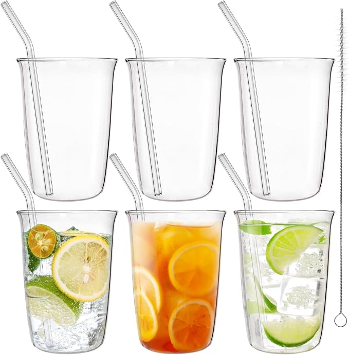 6 Pieces Drinking Glasses with Straw, 16 Oz Clear Water Glass Set | Lead-free Highball Glass Cup Kitchen Glassware for Juice, Beverage, Cocktail, Ice Tea, Coffee, Soda