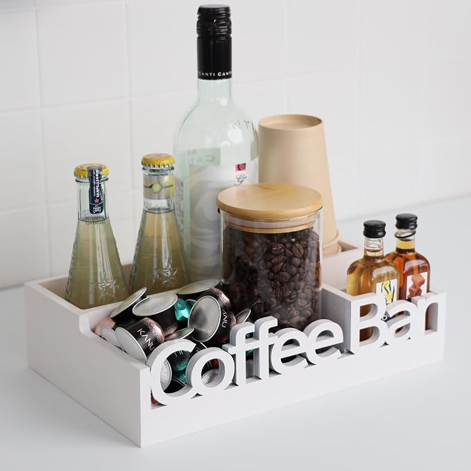 Coffee Bar Organizer Countertop, White Wood Coffee Station Caddy Tray,White | Coffee Pods, Tea Bags, Creamers & Condiments