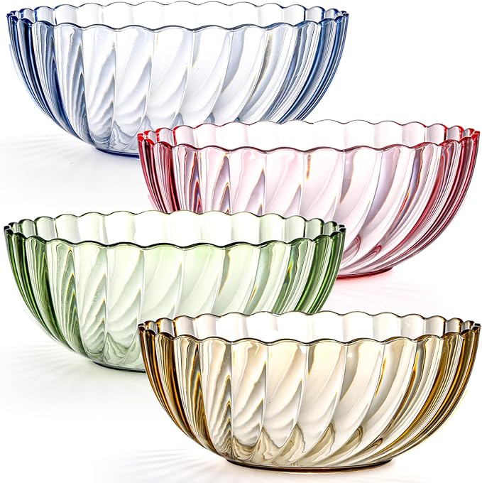 Fasmov 4 Pack Plastic Serving Bowls, Plastic Salad Mixing Bowls, 74oz Break Resistant Plastic Bowls for Salad, Fruit, Popcorn, Chip and Dip, Multicolor