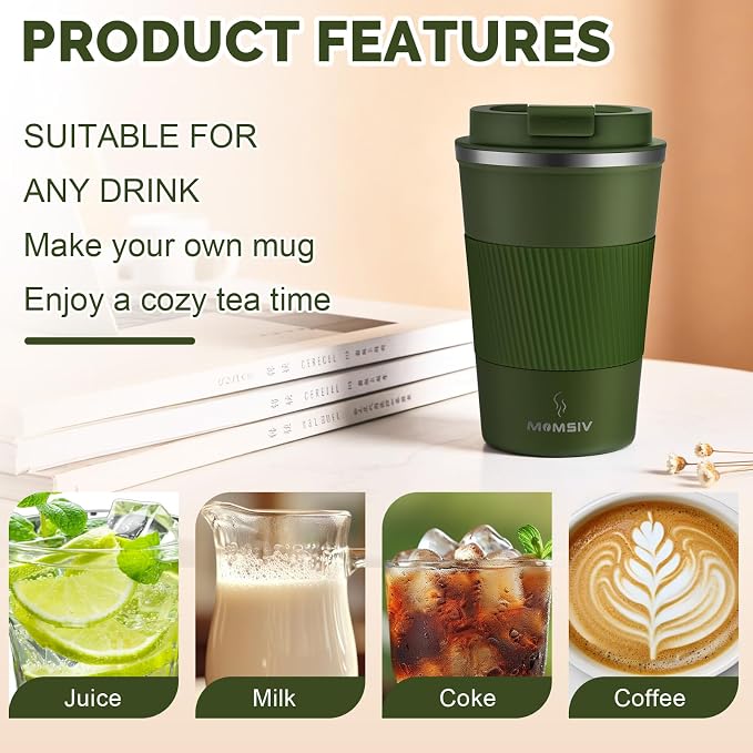 MOMSIV 12oz Travel Coffee Mug, Insulated Coffee Cup with Leak Proof Lid | 6-Hour Heat Retention, 360°Leak proof, Vacuum Stainless Steel Double Walled, BPA-free, Reusable And To Go Coffee Mug
