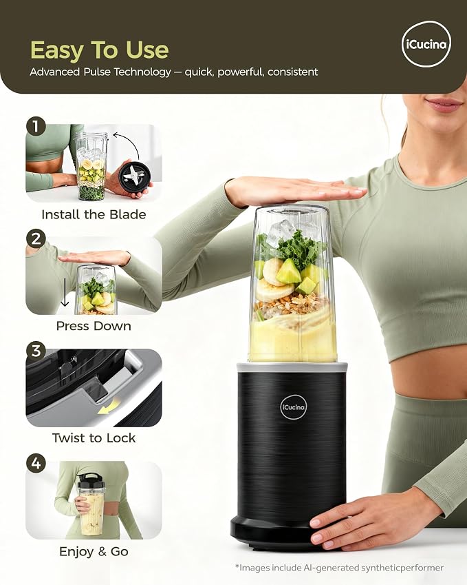 iCucina Smoothie Blender, 1000W Personal Blender for Shakes and Smoothies with 2 x 32oz Protable Cups and Lids, Single Serve Blenders for Ice Crushing, Bean Grinding, Frozen Fruit Drinks, Black