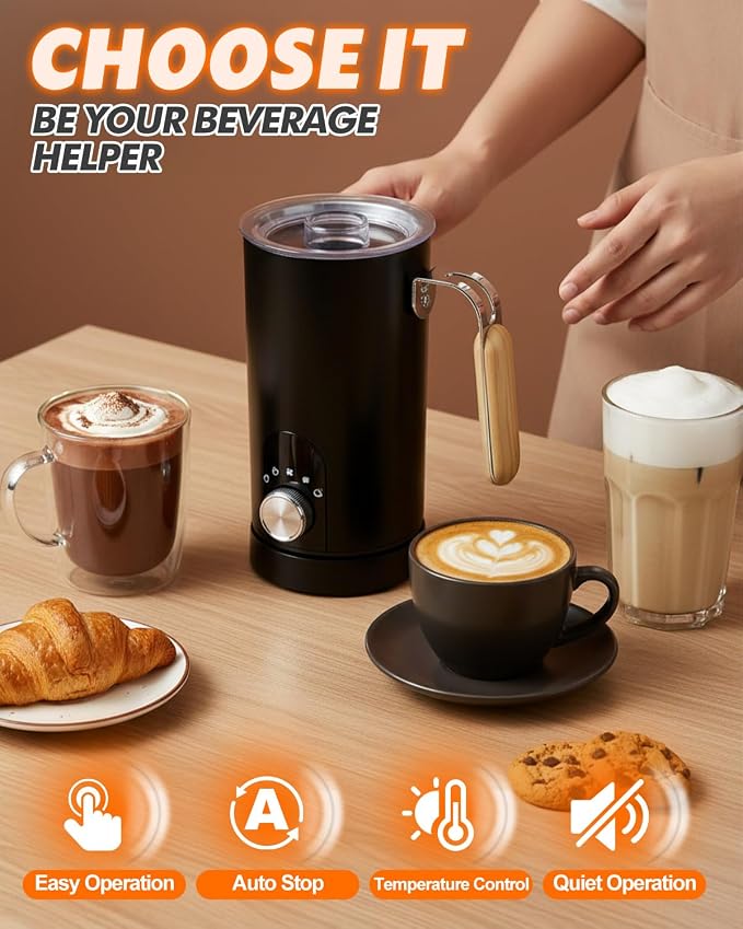 5-in-1 Electric Milk Frother and Steamer, Automatic Milk Foamer Hot Chocolate Maker with Wood Grain Handle, 11.8oz Milk Warmer and Heater for Latte, Cappuccino, Hot Cocoa Maker, Frother for Coffee