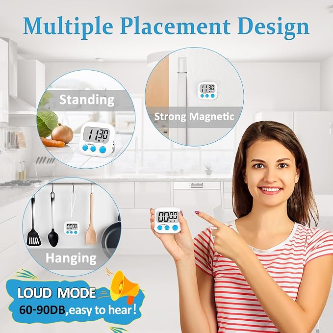 ZILLEEN Digital Kitchen Classroom Timers for Kids Cooking 6pcs Wht Blu Grn | Strong Magnetic, Large Screen, Big Button, Count Up/Down, Loud Alarm, Teacher Classroom Must Haves Supplies