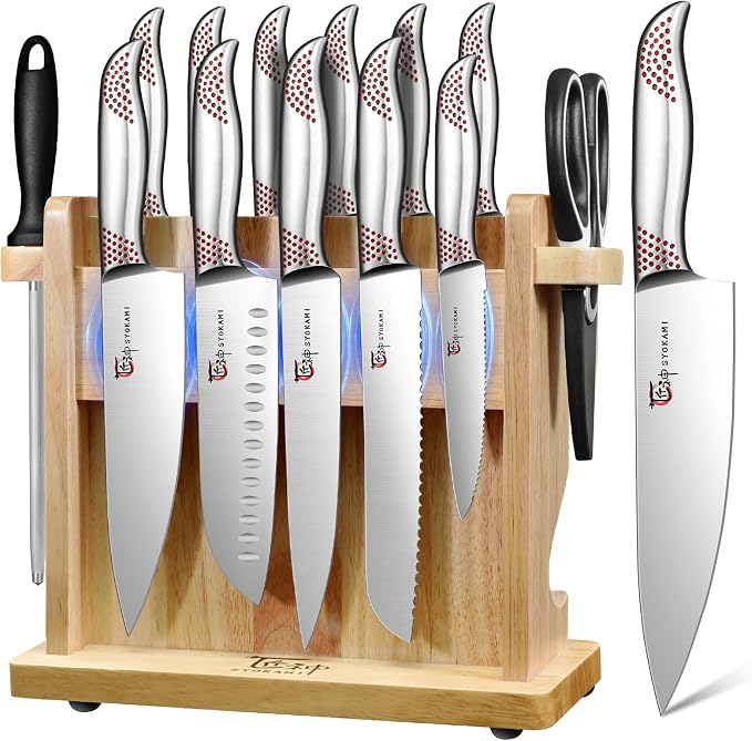 Japanese Knives Set for Kitchen, Magnetic Knife Set with Block and Sharpener, Stainless Steel Knife Set as Gift for Couple, Wedding, Women or Mom with Gift Box, 14 PCS Red Dot