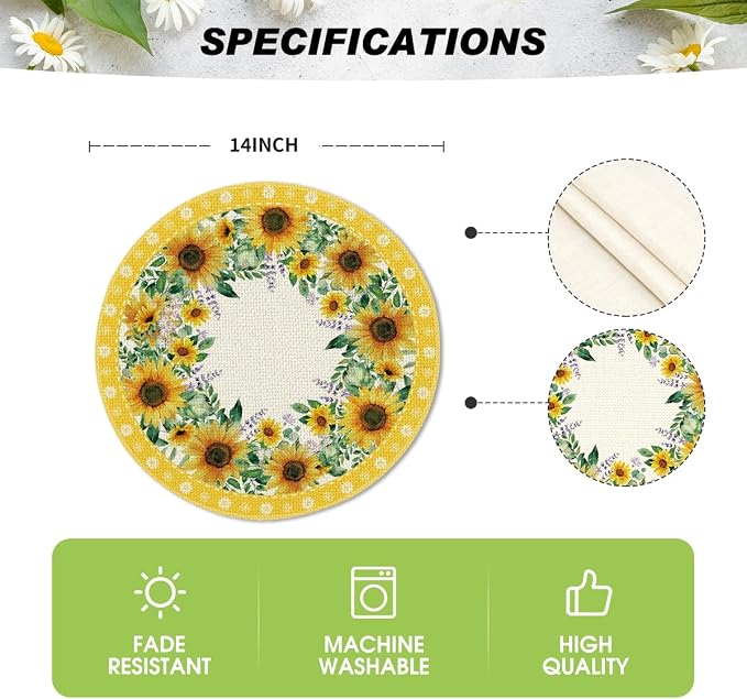 Artoid Mode Leaves Sunflower Round Summer Placemats Set of 4, 14 Inch Seasonal Holiday Round Table Mats for Party Kitchen Dining Decoration