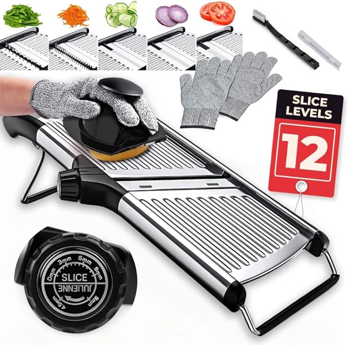 Gramercy Adjustable Mandoline Food Slicer, Mandoline Slicer for Kitchen, Mandolin, Potato, Tomato, Carrot, Vegetable, Fruit and Onion Cutter, Stainless Steel, INCLUDING Cut-Resistant Gloves, Black PRO