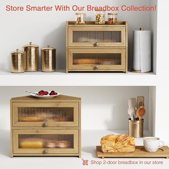Goozii Corner Bread Box for Kitchen Countertop, Double Layer Bamboo Wood Breadbox for Homemade Bread, 2 Door Roll up Large Bread Storage Container Holder Cabinet for Counter top (Natural Color)