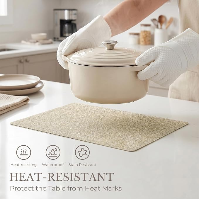 Romanstile Vinyl Placemats Set of 12-12 X 17 Inch - Faux Leather 100% Waterproof Wipeable Anti Slip Place Mats, Heat Resistant Reversible PU Table Mats for Kitchen Dining Party Outdoor, Beige