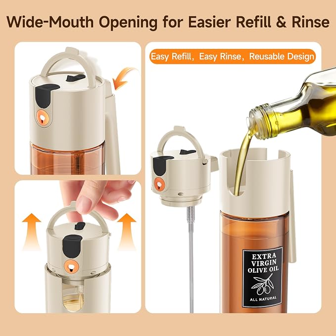 2-in-1 Dark Glass Oil Sprayer & Dispenser, Beige Fine Mist No-Drip | 500ml dark glass for daily cooking, kitchen counter, salad & baking; food-safe, 304 filter, wide-mouth refill and cleaning.