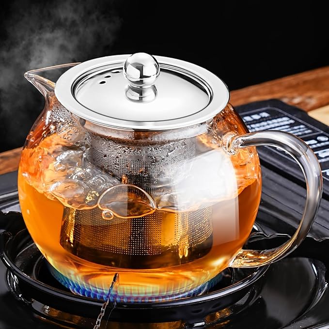 PARACITY Tea Pot with Infuser, 34 oz Stovetop Glass Tea Kettle, Round Body | Borosilicate construction and removable 18/8 stainless steel strainer support blooming, herbal and loose leaf brewing