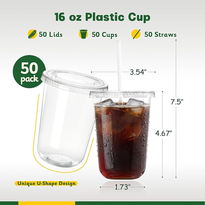 50 Pack 16 oz Round Bottom Plastic Cups with Lids and Straws, Disposable Coffee Cups with Lids, To Go Iced Coffee Cups with Lids, Disposable Cups for Party, Smoothie Cup for Cold Drinks