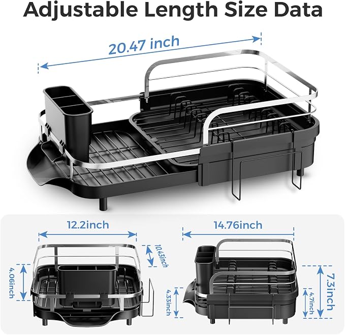 Expandable Stainless Steel Single Tier Dish Drying Rack, Auto Drain Dish Drainer for Kitchen Counter with Rotatable Multi-Slot, Drainboard, Utensil & Cutting Board Holder, 15"-22.4" Adjustable Length