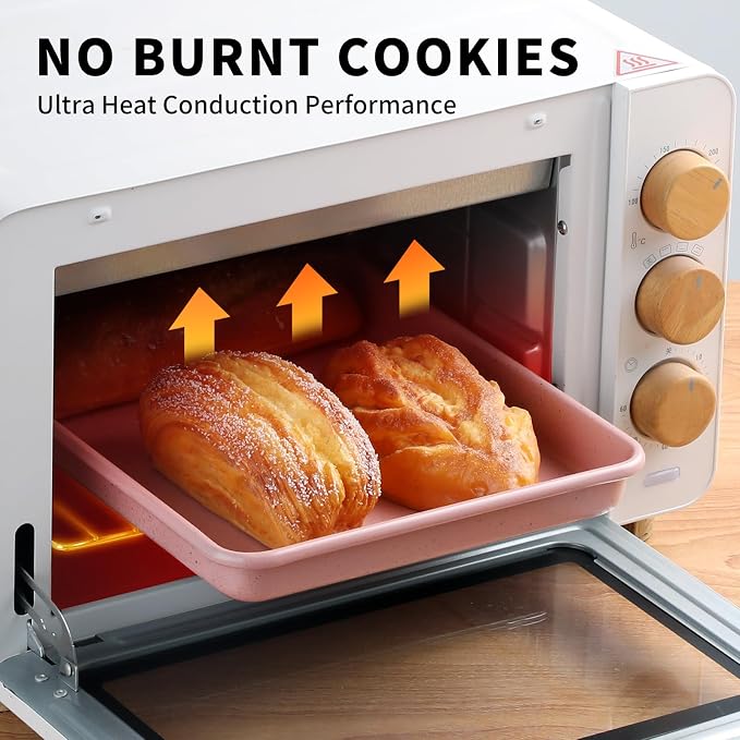 Toaster Oven Pans Set of 2, Shinsin 11-Inch Nonstick Baking Sheet Pans and Trays, 1/8 Thicker Replacement Small Baking Tray Accessories for Cookie, Non Toxic and Easy Clean and Diswasher Safe, Pink