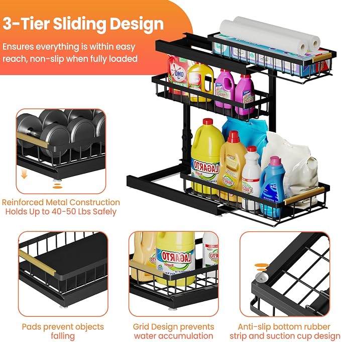 Under Sink Organizer and Storage for Bathroom and Kitchen - 2 Pack 3 Tier | Under Cabinet Pull Out Shelf Organizers - Slide Out Drawer Organization for Home Cabinets Shelves and Drawers