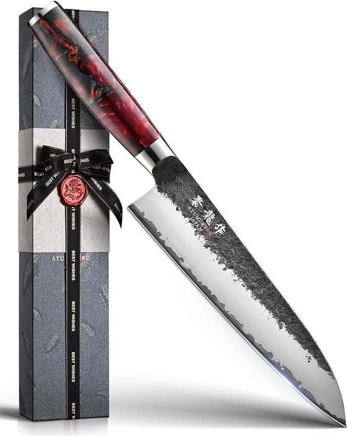 8.27 Inch Japanese Gyuto Chef Knife, Black Forged 3-Layer VG10 Steel Core | San-Mai High Carbon Stainless Steel, Kurouchi Forged Finish, For Home & Kitchen, Resin Wood Handle, Premium Gift Box