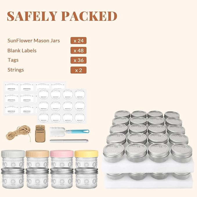 CycleMore 4oz Sunflower Glass Jars 24-Pack with 2 Types of Lids for Events | Small Mason Jars With Airtight 24 Metal Split + 24 Colorful Plastic Lids. BPA-Free. For Honey, Spices, Bulk DIY