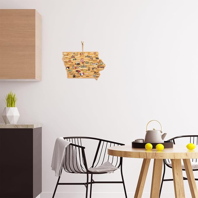 Totally Bamboo Iowa State Shaped Cutting Board, Art by Fish Kiss | State charcuterie board with colorful hand-drawn map artwork. Smooth reverse side for food prep. Hang tie for wall display.
