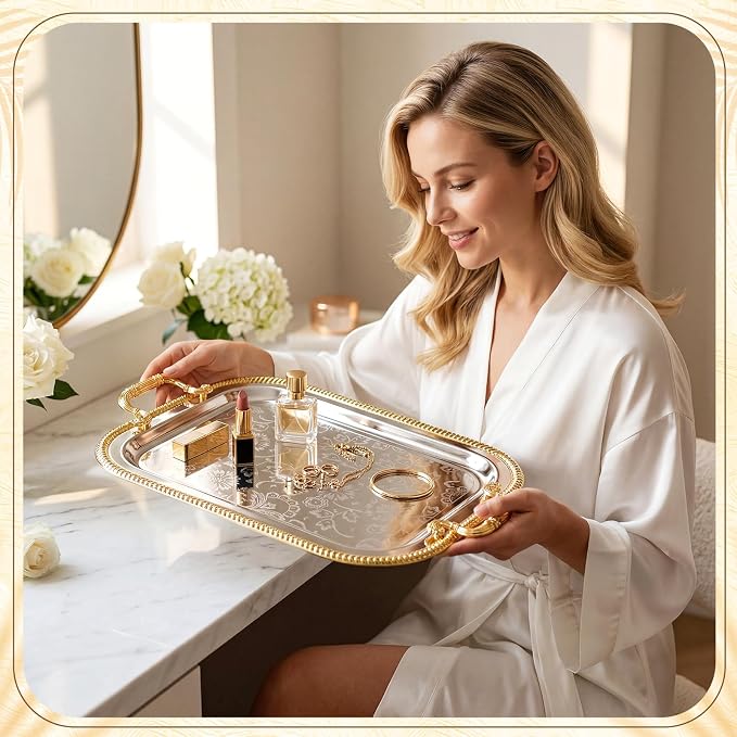 3 Pack Metal Serving Trays with Handles, Decorative Floral Platter Trays for Coffee Tea, Food, Dessert, Jewelry, for Buffet Wedding Party Kitchen Home Decor(Floral,Silver, Gold)