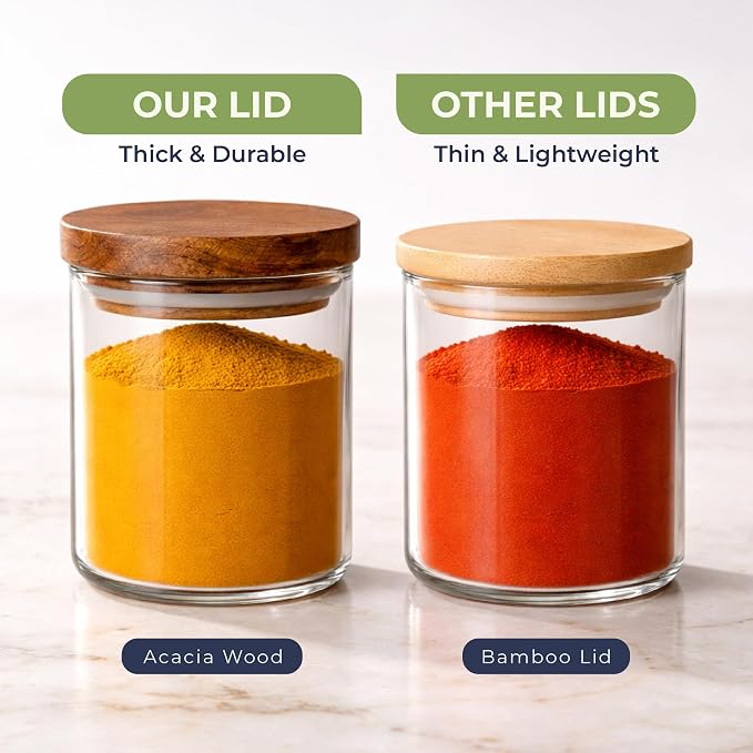 8 Pcs Glass Spice Jars with Acacia Airtight Lids and 120 Labels, 6oz Empty Containers Seasoning Bottles, Waterproof Minimalist Spice labels Preprinted, Jars for Pantry Organization and Storage