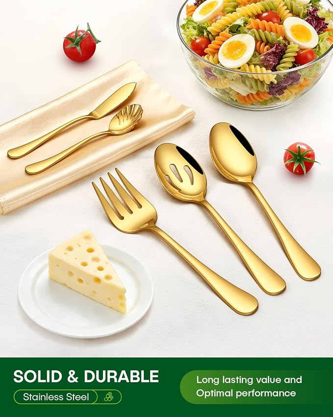 PHILIPALA 65 Piece Gold Silverware Set with Serving Utensils, Stainless Steel Flatware Set for 12 Food Grade Novelty Cutlery Utensil Set Include Knife Fork Spoon Mirror Polished Dishwasher Safe