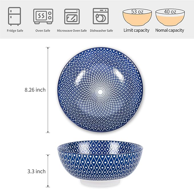 Selamica Ceramic Large Salad Bowls Set, 53 OZ Pho Bowls 8 Inch Soup Bowls for Kitchen, Large Serving Bowls for Ramen Pasta Fruit Dinner, Stackable & Sturdy, Set of 3, Vintage Blue