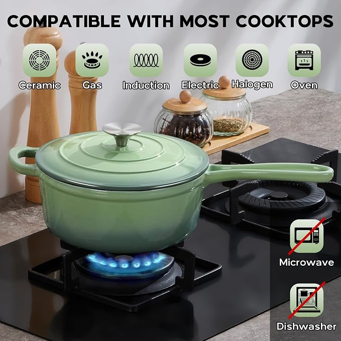 Onader 3QT Sauce Pan with Lid, Enameled Cast Iron Saucepan, Small Dutch Oven Cooking Kitchen Pot, Nonstick & Heavy Duty – Pistachio Green