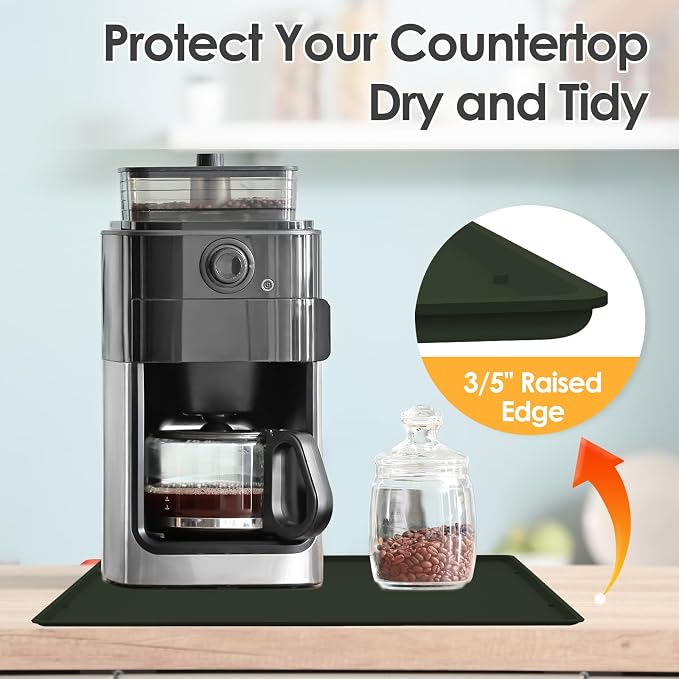 Silicone Coffee Maker Mat with Lip for Countertops, 19.7''x15'' Dark Green | Multi leak-proof coffee tray for countertop, non-slip silicone tray for under coffee machine espresso accessory, wipe-clean
