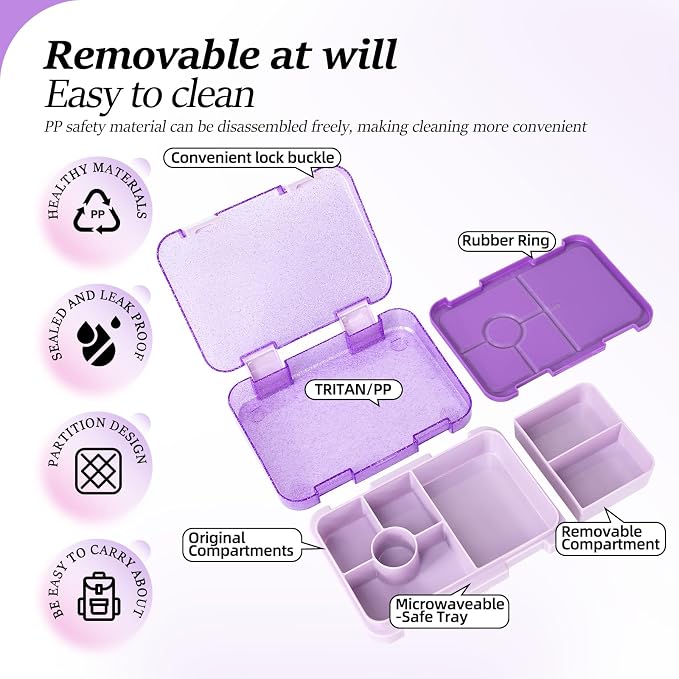 Bento Lunch Box, Snack Bento Lunch Containers Boxes, Shiny Purple | 5/6 Compartments, 3 Cups BPA Free, Dishwasher Safe, for Kids, Back to School, On-the-Go Meal, Ages 3+, School