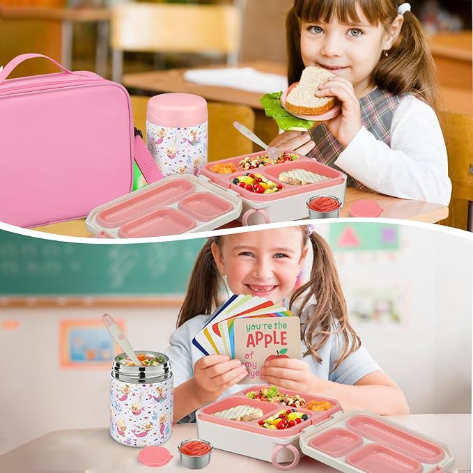 wiwens Bento Lunch Box for Kids with 12oz Soup Thermo Leak-Proof Lunch Food Container with 5 Compartment Thermo Hot Food Jar and Insulated Lunch Bag for Kid Toddler Girls Boys to School