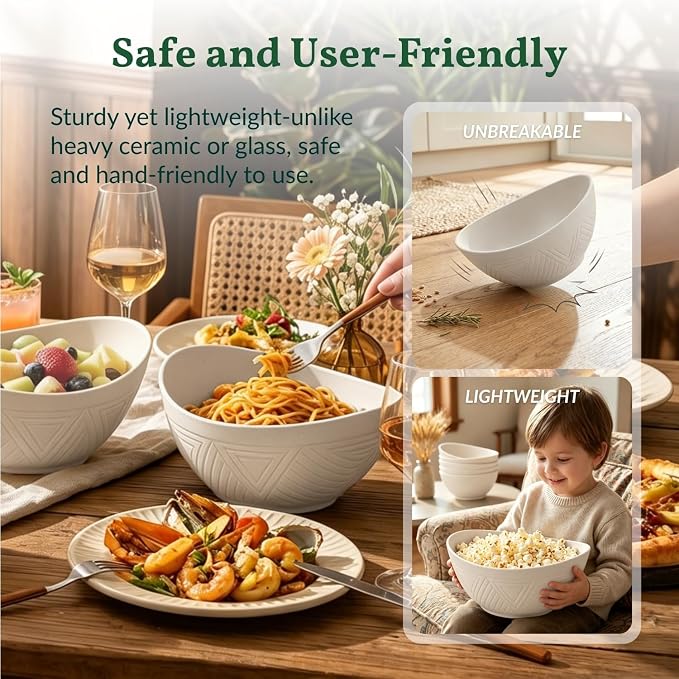 Salad Bowls Set of 6, 60 OZ Large Wheat Straw Bowls for Kitchen, Camping, Party, Unbreakable Lightweight Popcorn Bowl, Microwave and Dishwasher Safe Bowl Set with Unique Texture - Beige