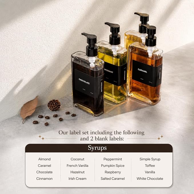 Glass Coffee Syrup Dispensers with Pumps, Syrup Bottles with Label Set - Essential Coffee Bar Accessories, 11.8 oz/350ml