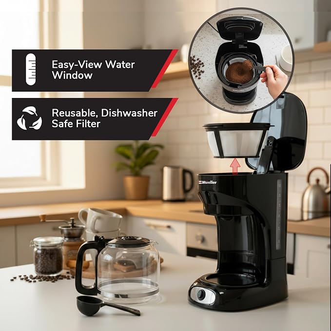 Mueller 12-Cup Drip Coffee Maker | Borosilicate Carafe, Auto-Off, Reusable Filter, Anti-Drip, Keep-Warm Function
