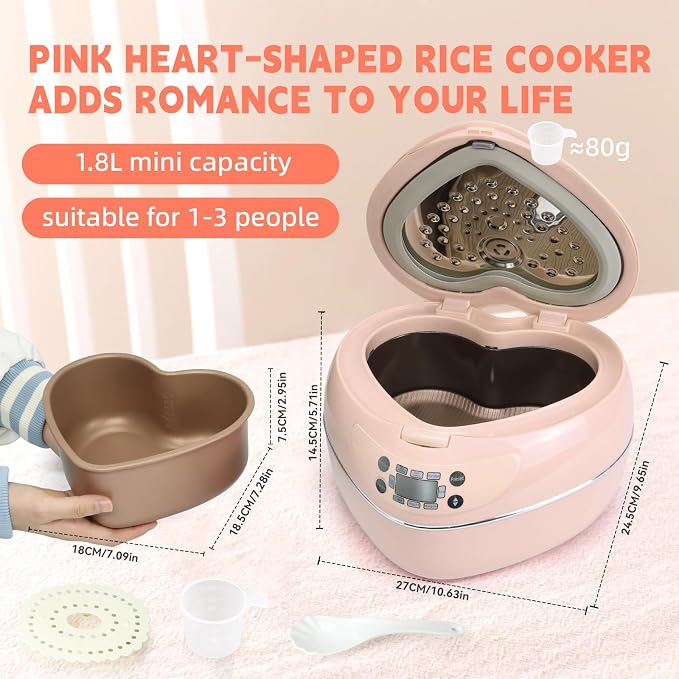 Peach Heart Shape Rice Cooker 8 Cup Cooked, 4 Cup Uncooked Rice, Multifunctional Pink Rice Cooker, 300w, with Preset Timer, 1.8L (Light Pink)