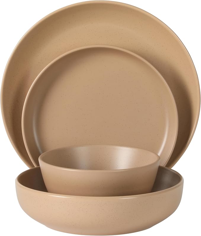 Gibson Elite Leeds Court Plates and Bowls Sets, 16-Piece Stoneware Dinnerware Sets, Terracotta, Round Speckle Reactive Glaze Dish Set